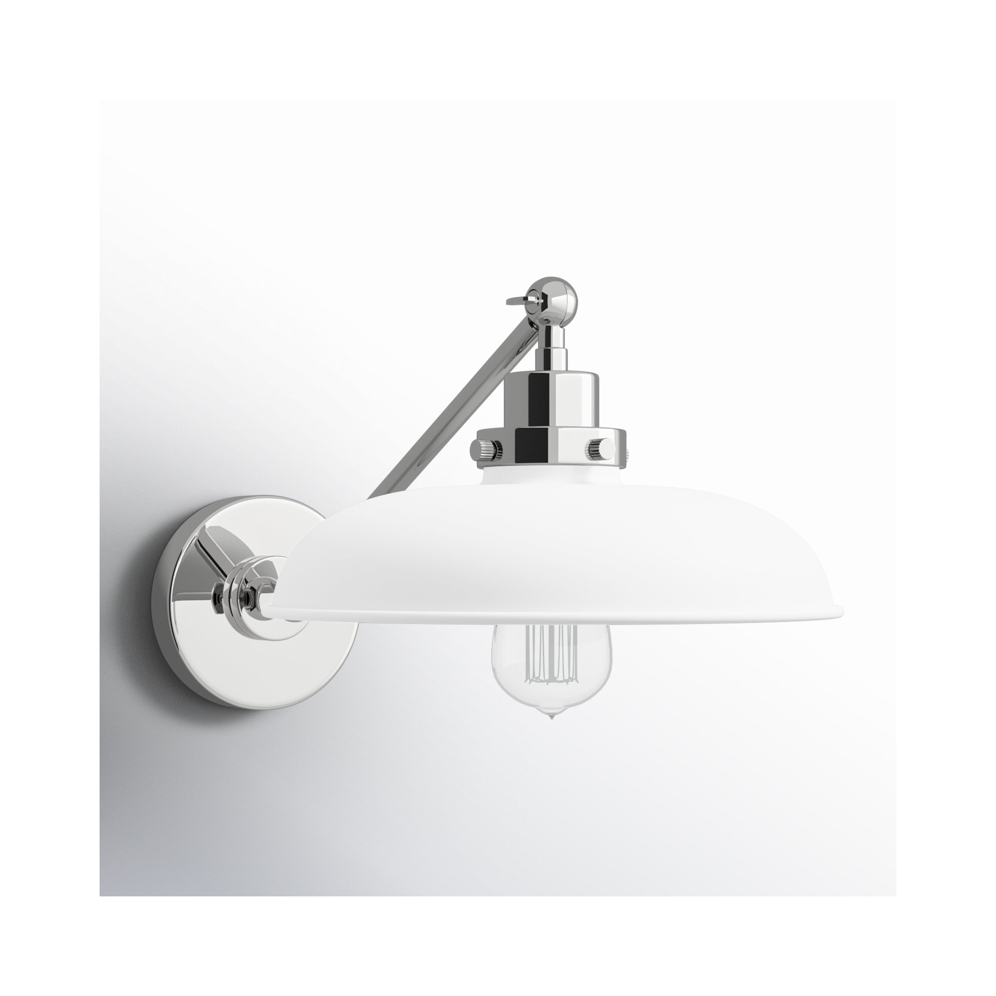 Single Light Steel Dimmable Armed Sconce, Matte White, Polished Nickel