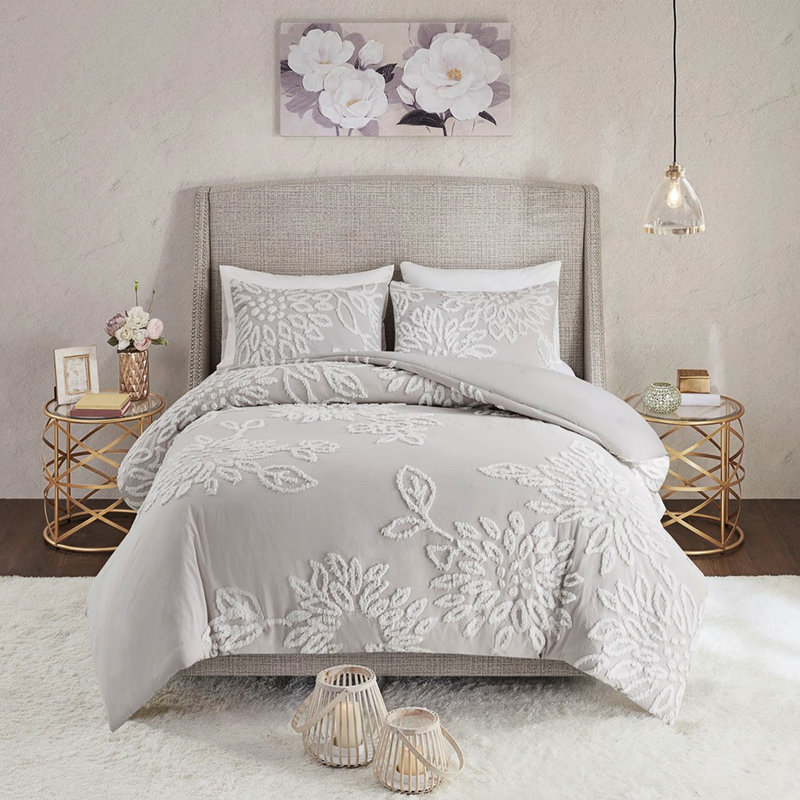 Housse de couette en coton et chenille pour lit très grand / très grand - gris chaud et floral