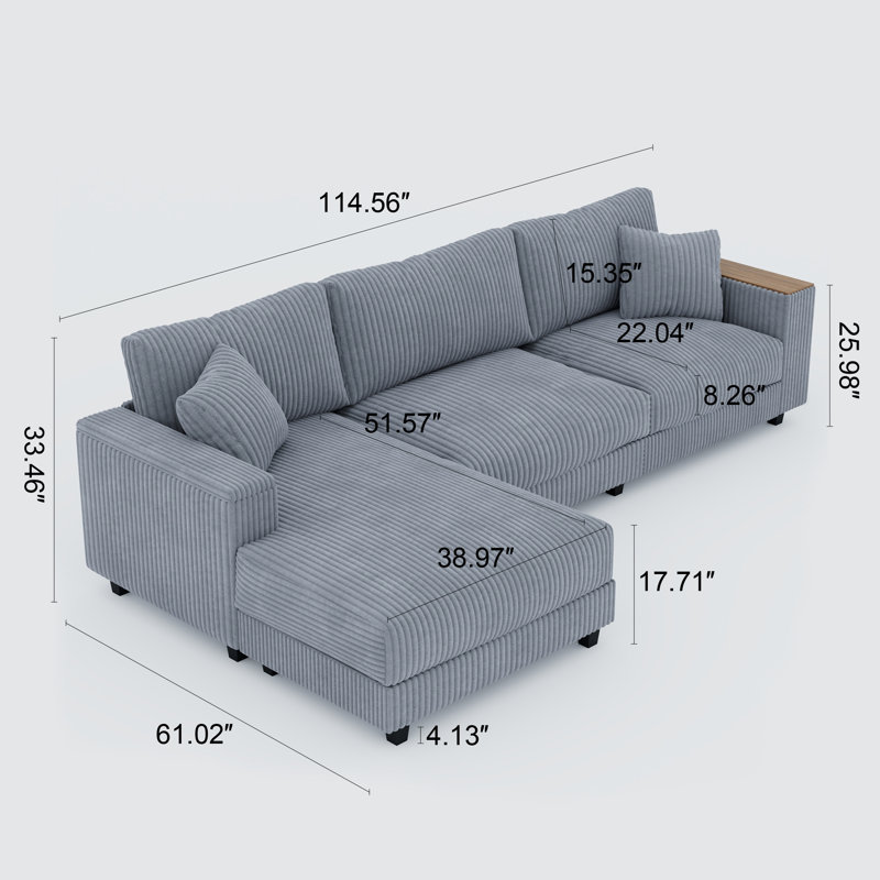 114.5'' L-Shaped Corduroy Sectional Sofa with 2 Pillows and Hidden Armrest Storage, Gray Corduroy