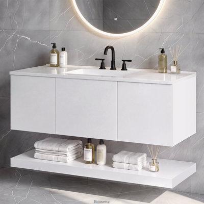 Meuble-lavabo flottant mural 48 po avec comptoir d'évier, armoire en panneau de fibres à densité moyenne avec 3 tiroirs et tablette inférieure ouverte, conception sans poignée, comptoir d'évier en composite, blanc