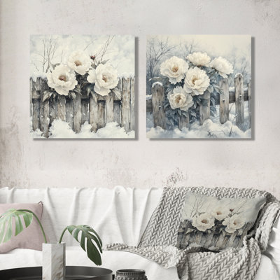 Pivoines par la clôture enneigée en hiver I - Art mural pivoines - Art mural traditionnel sur toile 2 pièces