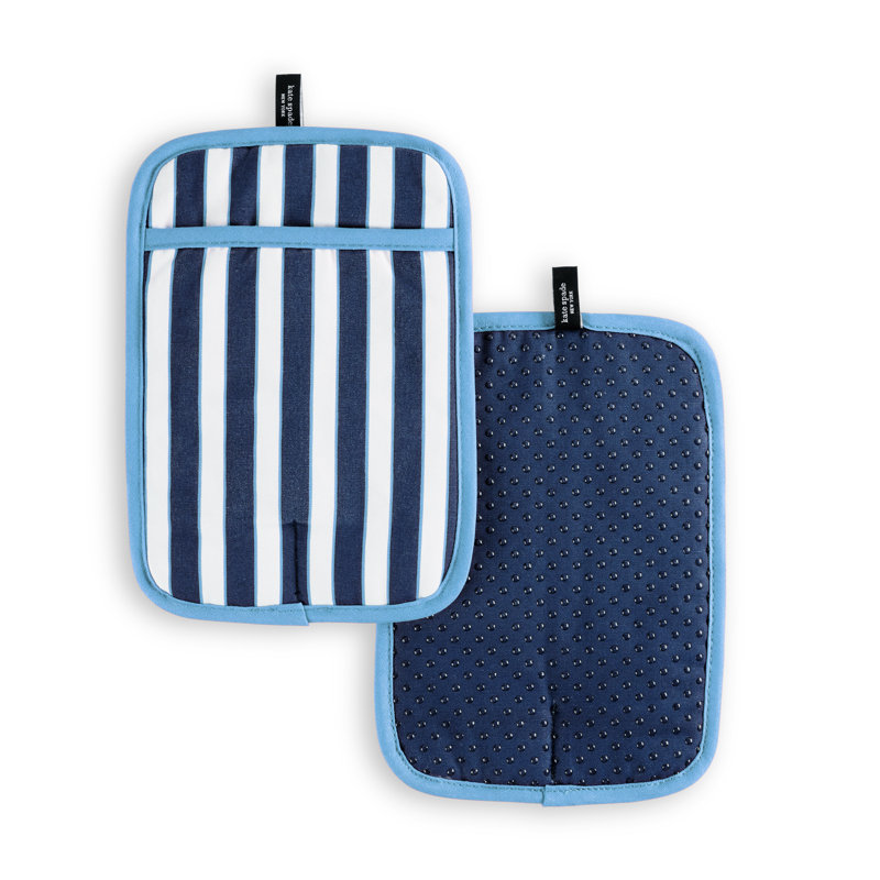 KATE SPADE NEW YORK Botanical Stripe Pot Holder 2-Pack Set, Heat Resistant, 100% Cotton, French Navy, 7"x10"