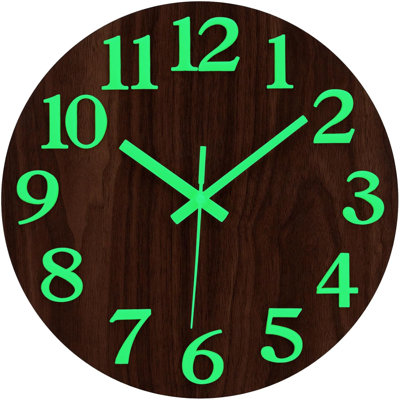 12 Inch Glow In The Dark Wall Clock, Silent Non-Ticking Round Analogue Clock With Night Light, Battery Powered Black Wooden Illuminated Clock For Living Room, Bedroom, Kitchen, Home Decor