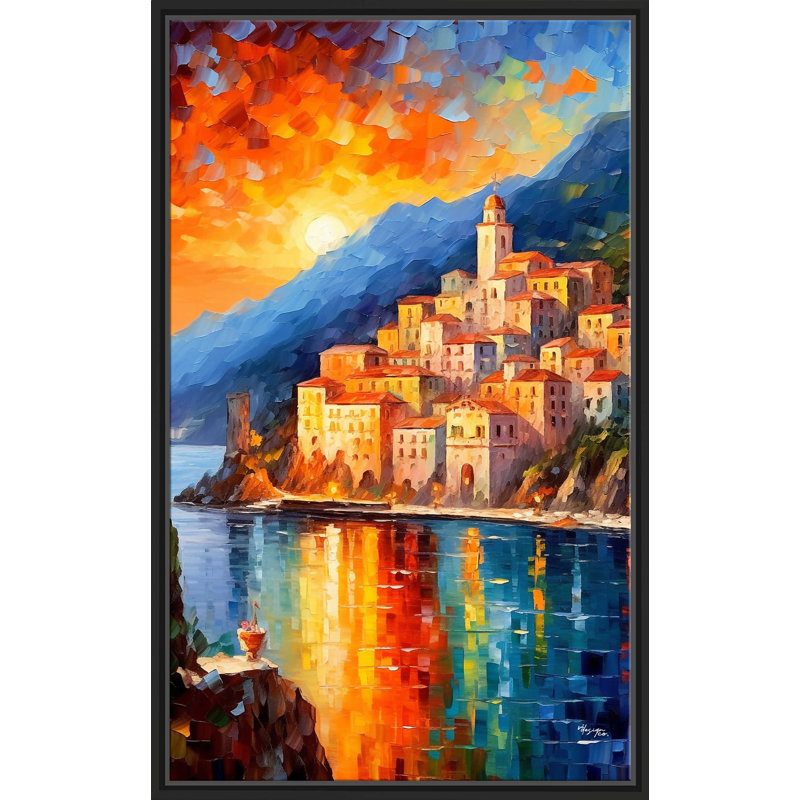 Amalfi Coast, Italy At Twilight V1 par V2 Design Co. - Peinture sur toile à cadre flottant, H 43,5 po x l 27,5 po x P 2 po