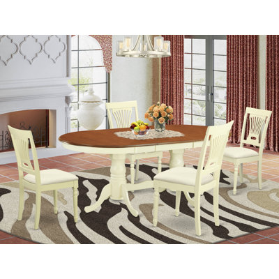 5 Piece Kitchen Table & Chairs Set Includes an Oval Dining Room Table with Butterfly Leaf and 4 Linen Fabric Chairs, Buttermilk & Cherry