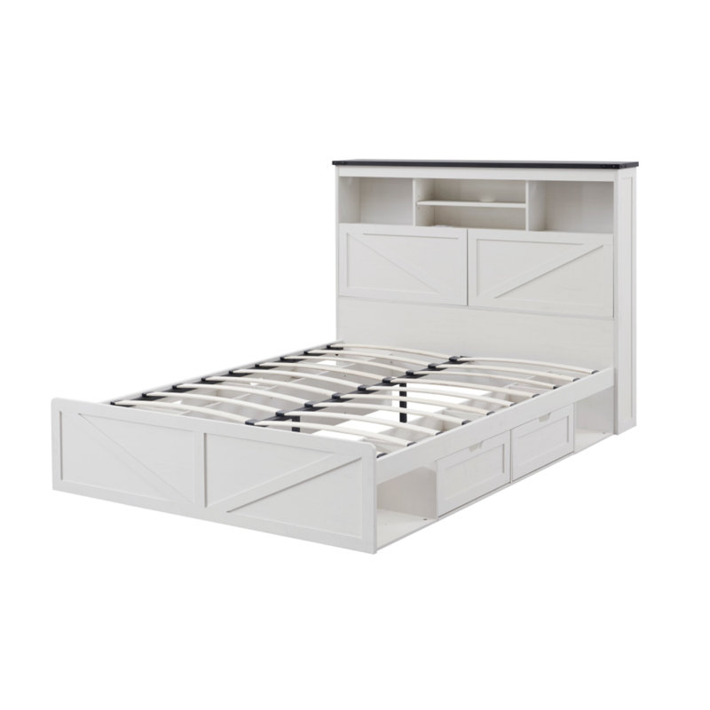 Chantise Farmhouse Queen Platform Bed with Storage and Headboard, Wood Platform Bed Frame with Charging Station and Drawers, No Box Spring Needed