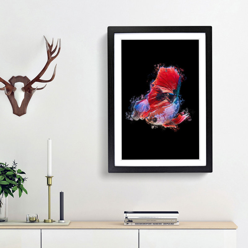 Eye-Catching Red & Blue Fish in Abstract - Picture Frame Painting Print, 48cm H x 36cm W x 2cm D, Black Framed