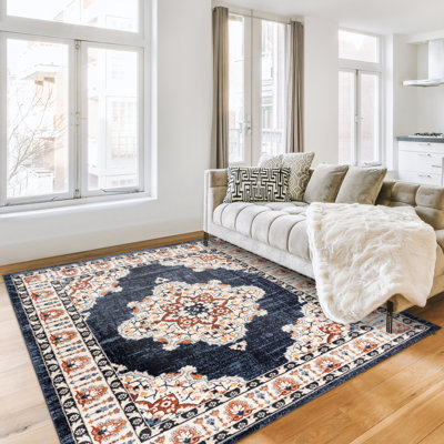 Gretchen Khelo Traditional Oriental Navy Blue/Ivory/Tan Polypropylene Indoor Area Rug