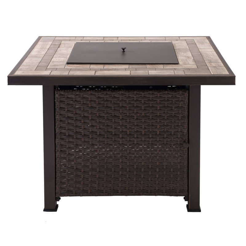 Sunjoy Square Ceramic Tile Top with All-Weather Wicker Propane Powered Firepit Table