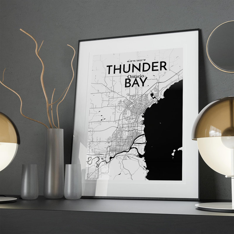 Thunder Bay City Map, impression, Noir et blanc, H 27,6 po x l 19,7 po