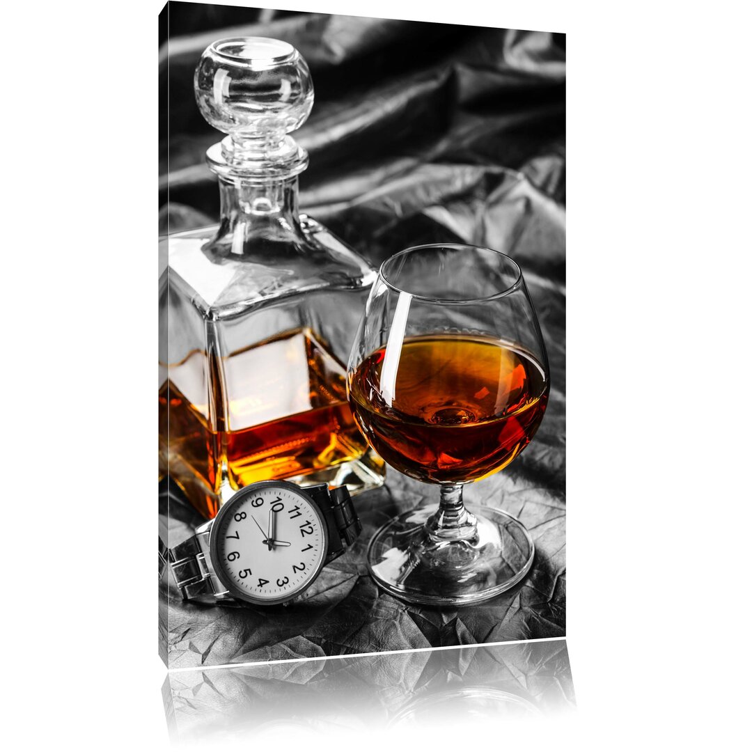 Leinwandbild „Whiskey und Uhr", Grafikdruck