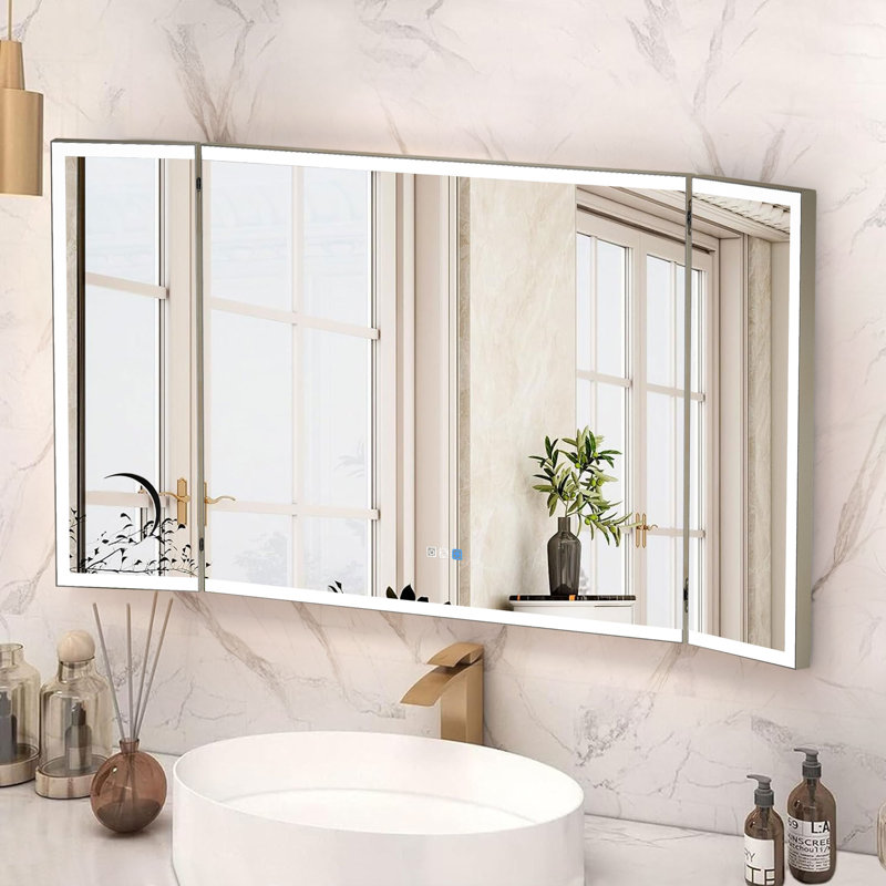 Tri-Fold Wall Mirror with Backlit, Front-lighted, Removable 10x Magnifying Mirror, Dimmer, Defogger, 36" x 66"