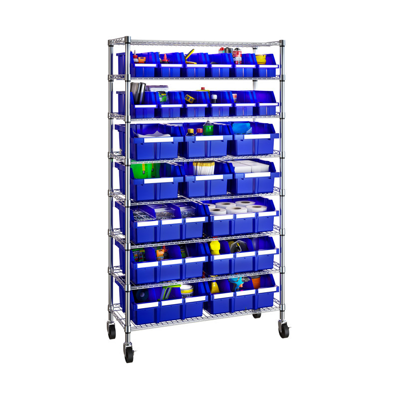 36" W NSF-Certified Commercial 8-Tier 24-Bin Storage Rack with Wheels, Chrome/Blue
