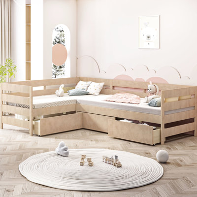 Lit simple en forme de L naturel - Fabrication en option pour dormir confortablement