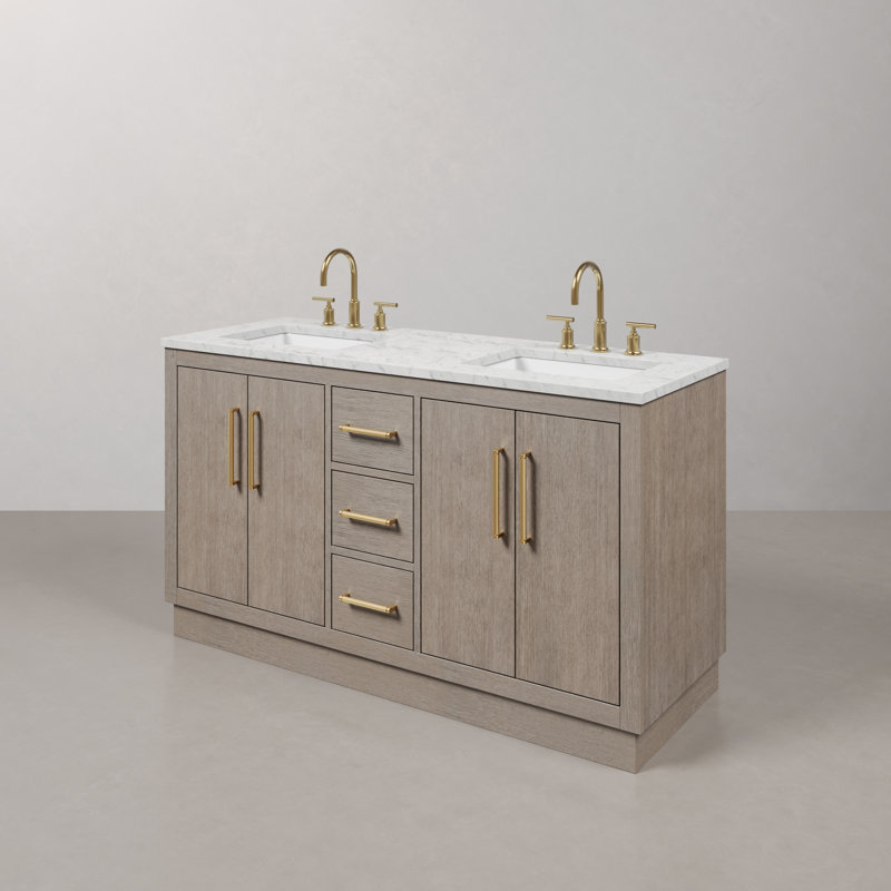 Hugo 60 In. Double Sink Carrara White Marble Countertop Vanity In Grey Oak With Gooseneck Faucets, Satin Gold