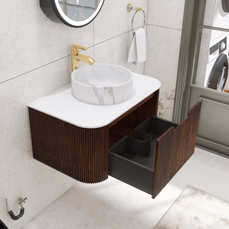 Meuble-lavabo mural rayé avec rebords incurvés pré-assemblés avec lavabo, 30", Brun