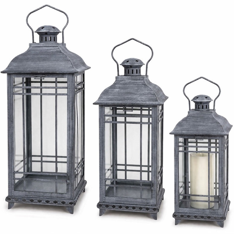 3 Piece Metal Lantern Set, 20" H x 8.5" W x 8.5" D, White Gray
