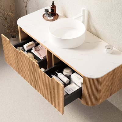 Meuble-lavabo 48 po avec lavabo rond en céramique blanc, 2 tiroirs, grain de bois naturel, lavabo de comptoir, couleur grain