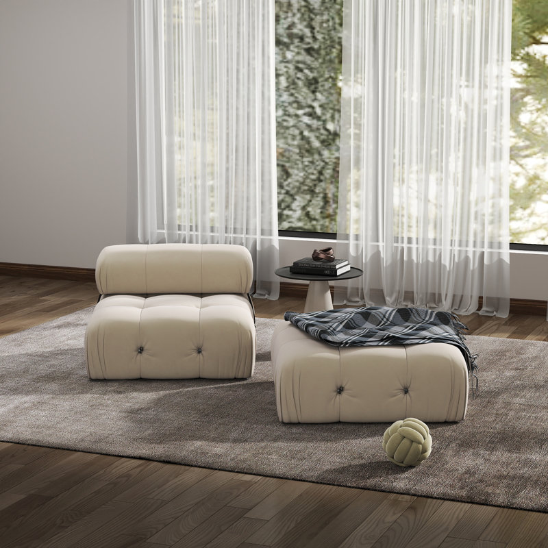 Cylar 2-Piece Upholstered Modern Velvet Armless Modular Sofa With Ottoman, Beige