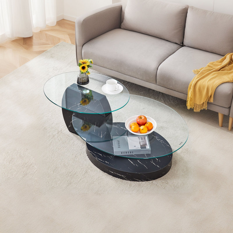 Double Clear Glass Oval Single Coffee Table, Black