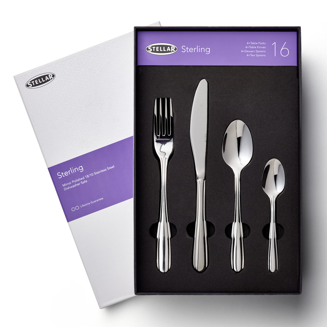 Stellar 16 Piece Stainless Steel Cutlery Set. Table Settings for 4, Sterling Design