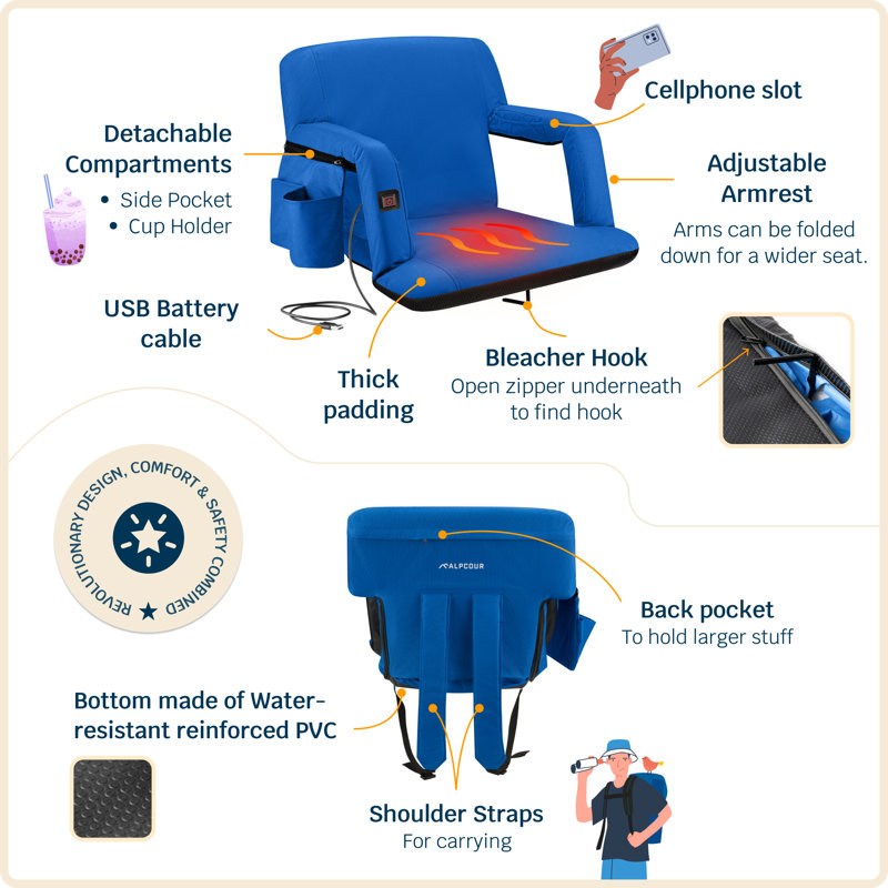 21" Royal Blue Heated Reclining Stadium Seat with Armrests