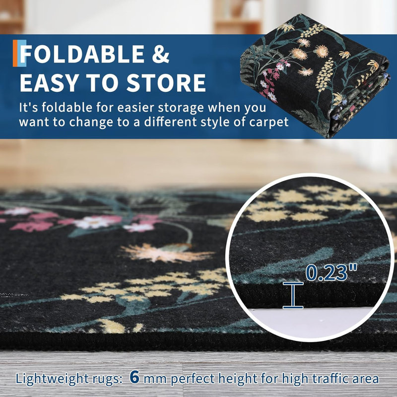 Washable Area Rugs for Bedroom Living Room Rug Elegant Floral Throw Rugs Non-Slip Low Pile Thin Carpet Farmhouse Boho Print Non-Shedding Floor Carpet for Dining Room Home Office Dorm Black