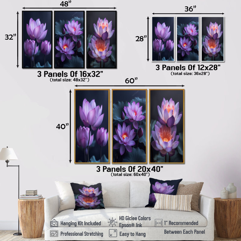 Fleurs mauves et grises d'essence de lotus I - Collection d'art mural Lotus, Toile tendue, H 28 po x l 36 po