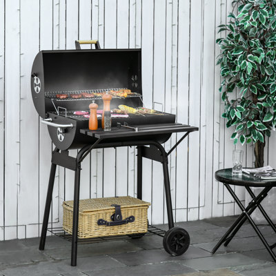 Fumoir d'extérieur au charbon portatif 30 po en acier avec tablette de rangement et roulettes pour barbecue
