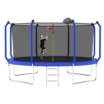 Trampoline extérieur rond de 14 pi avec panier de basketball, ressorts durcis de 5,51 po, 80 pièces, cadre en acier galvanisé avec filet de sécurité et échelle à 3 marches, trampoline de jardin robuste de 1320 lb