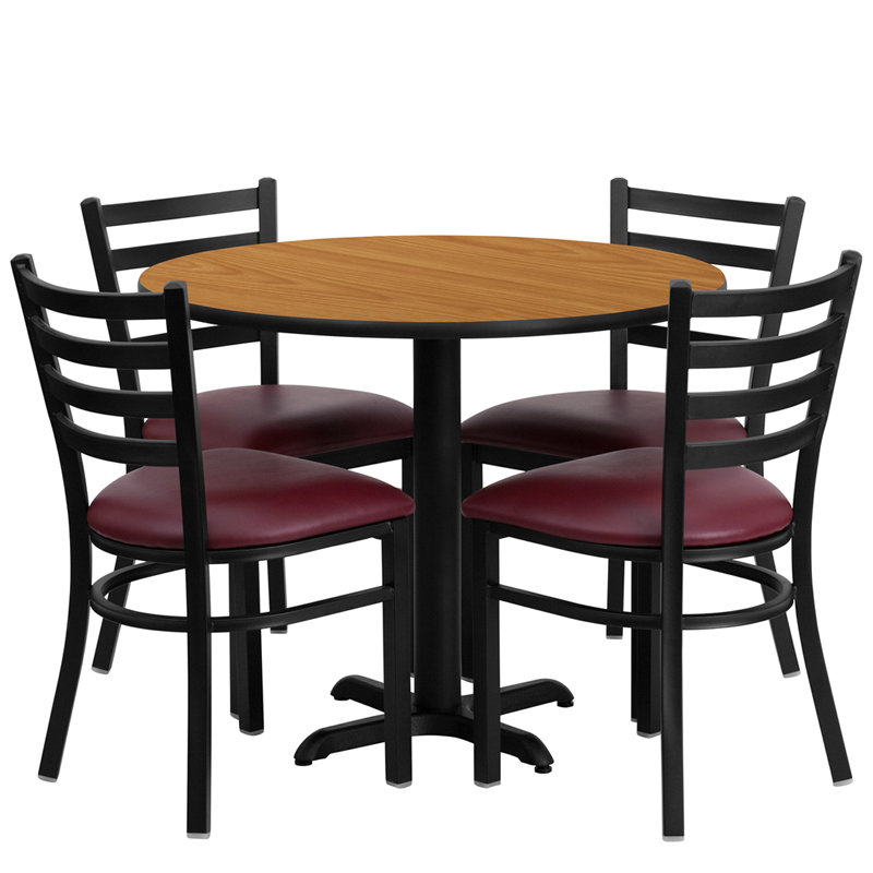 Ensemble de table ronde en stratifié 36 po avec base en X et 4 chaises en métal Jinnie, Naturel, Bourgogne