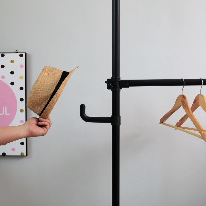 Telescopic Garment Rack, Heavy Duty Design Movable DIY By Hand No Damage To Wall Ceiling Hanging Rail, 31-47In Wide Adjustable, 120 Kilogram Loading, Reach Hook Included