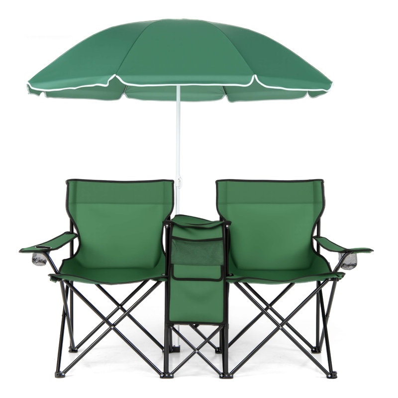 Chaise de pique-nique portable pliante double avec table de parasol Refroidisseur de camping à la plage ， Vert / vert