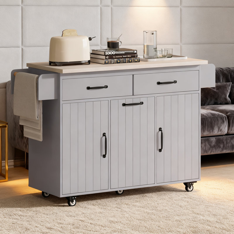 Îlot de cuisine sur roulettes, armoire de rangement pour poubelle avec abattant, support à épices, porte-serviettes et tiroir (brun)