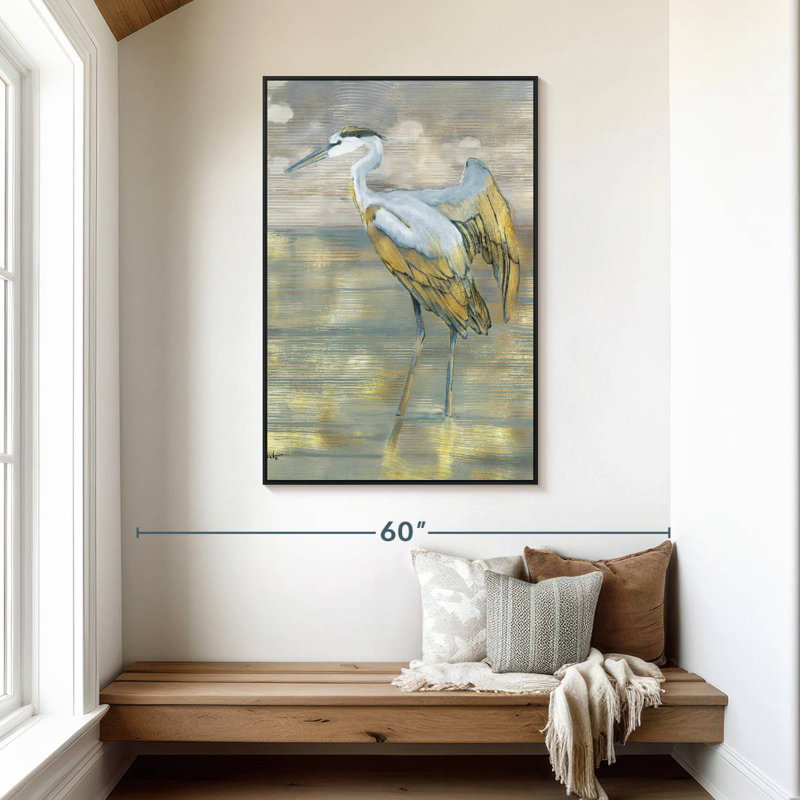 Héron bleu doré, 31 po x 46 po, Cadre flottant noir