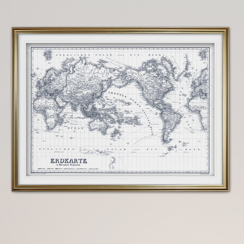 « rétro world map iv blue outline », impression, Cadre doré, H 28 po x l 38 po x P 1,5 po