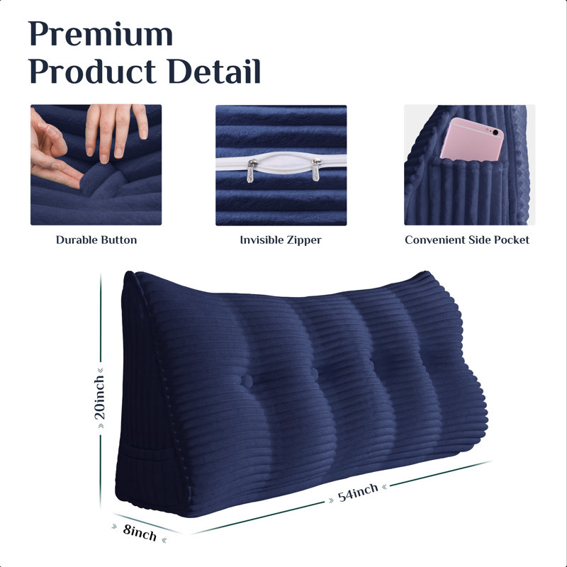 Sit-up Back Comfort Corduroy Bed Headboard Wedge Reading Pillow Triangular Backrest Compression, Full, Jean Blue