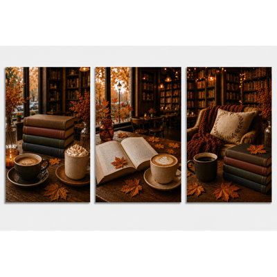 Large Set of 3 Autumn Coffee Books Canvas Wall Art Cozy Fall Library Decor Rustic Reading Nook Artwork for Bedroom Living Room 16x24 Inch Canvas Print - Ready to hang