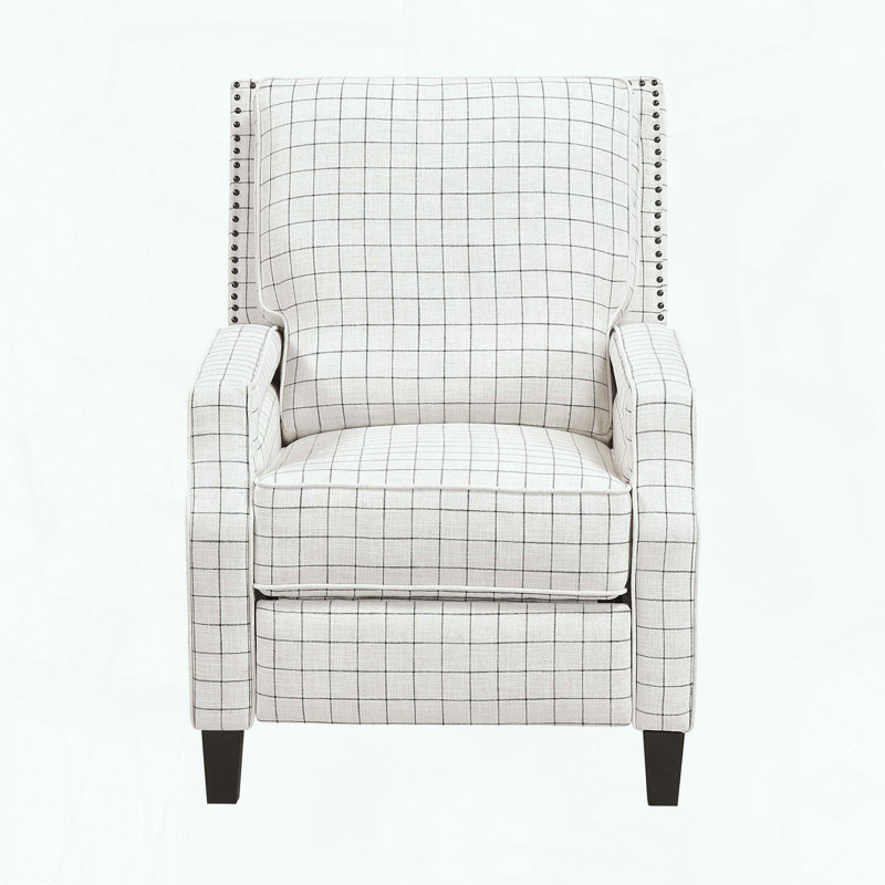 Fauteuil inclinable par pression - Tissu texturé blanc cassé - Garniture cloutée - Pieds en bois apparents