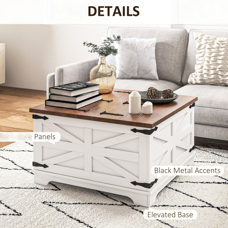 Table basse, blanche, plateau de rangement caché avec espace de rangement caché