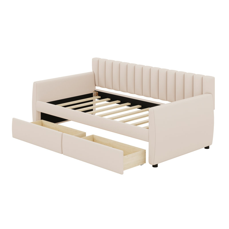 Lit de jour rembourré avec tiroirs, Beige