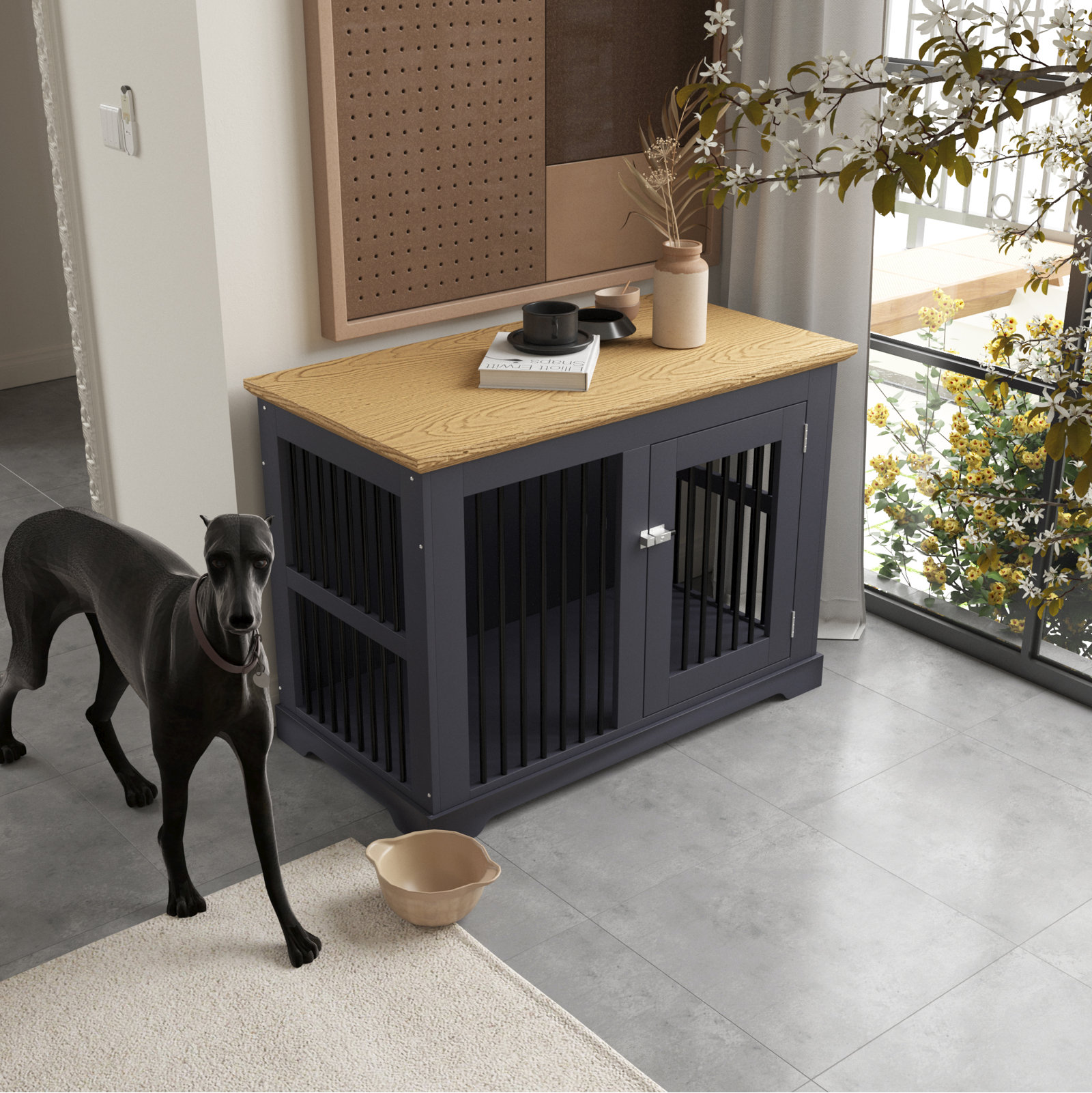 Ark Densign Ii Furniture Style End Table Pet Crate With Secure Lockable Latch For Large Dog-Grey