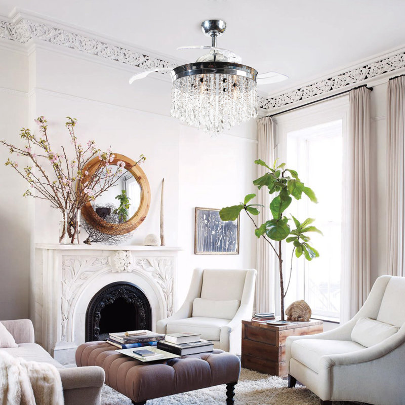Kaleb 42'' Crystal Retractable Glam Chandelier Ceiling Fan with Light Kit and Remote Control, Chrome with Clear Blades