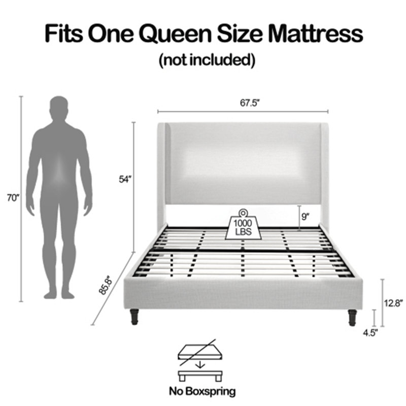 Tall Headboard Upholstered Bed with 52 Inch High Headboard,Queen Size, Queen
