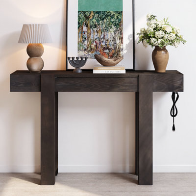 Rustic Minimalist Console Table – Hidden Drawer, Side Power Outlet, Slim 13.4" Profile