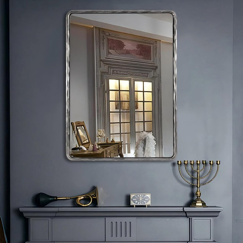 Miroir mural rectangulaire en fer forgé à la main Brunilde | Miroir de salle de bain rustique, 30 po x 22 po, Argent forgé