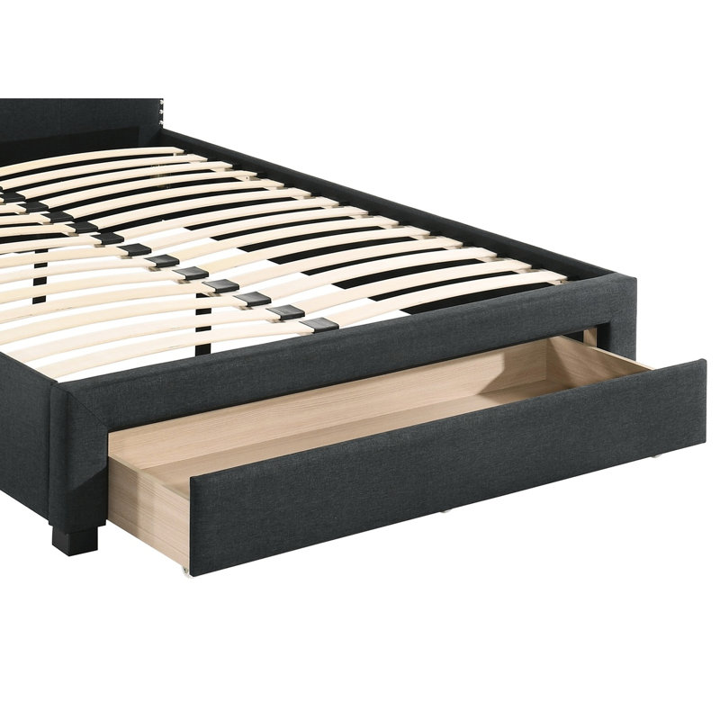 Lit simple contemporain en toile de jute gris anthracite avec tête de lit et tiroir avec tête de lit, Gris anthracite