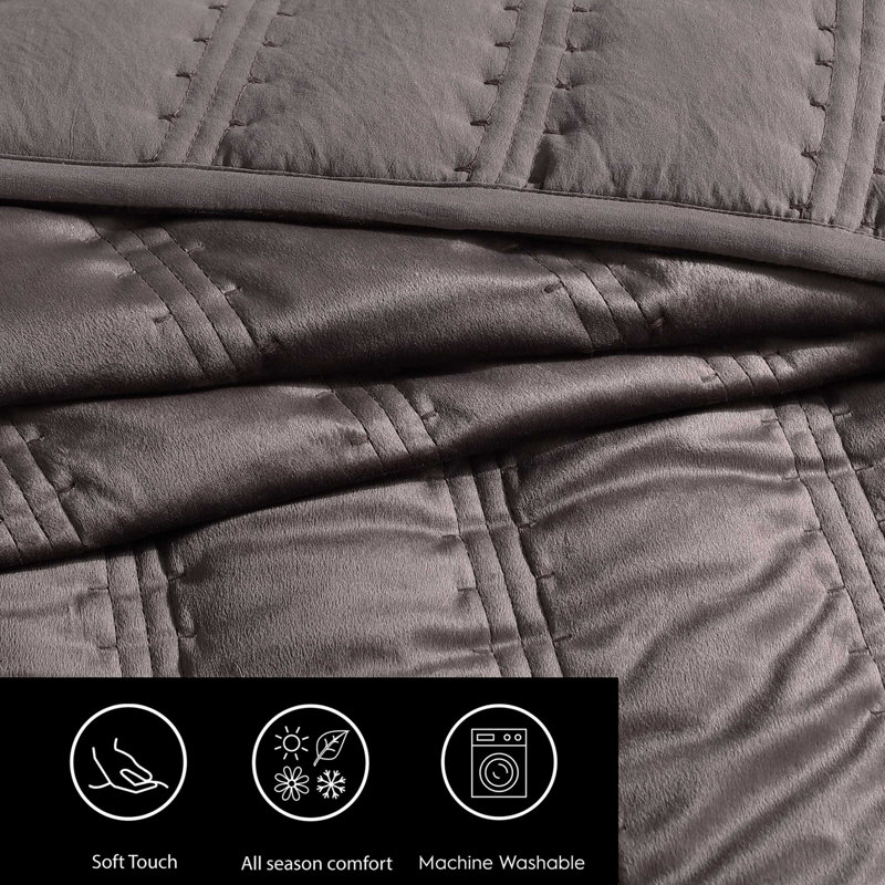 Vera Wang Linear Stitch Solid Quilt Set, Queen Quilt + 2 Standard Shams, Plum Brown