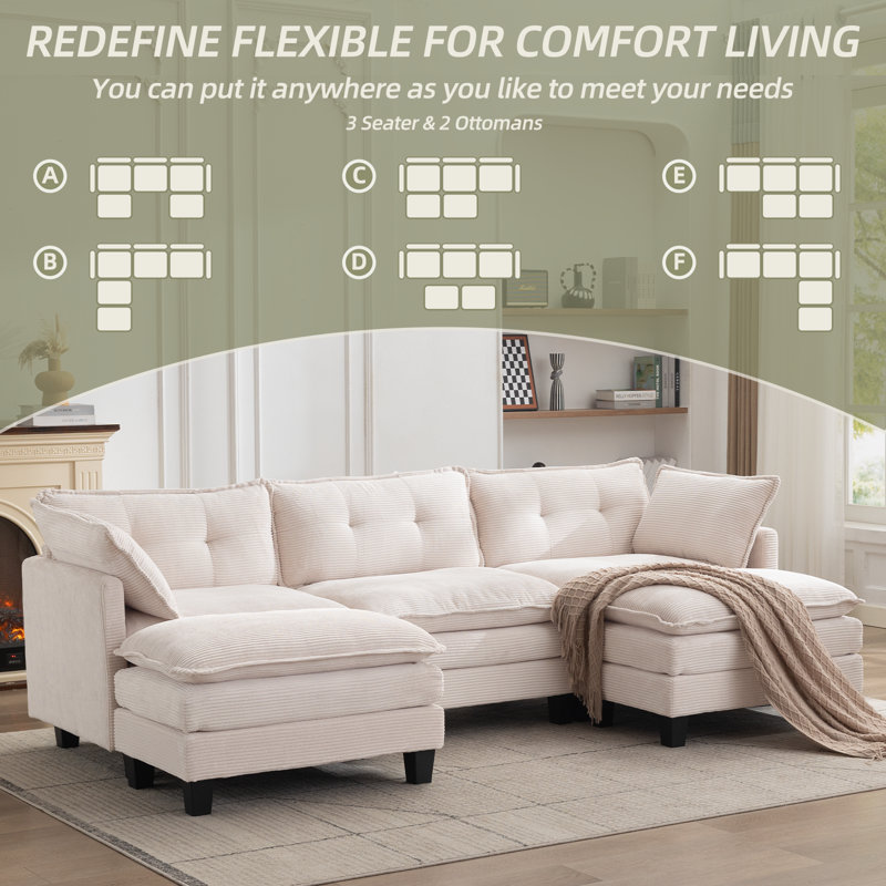 Canapé surdimensionné en forme de U 112 po avec 2 repose-pieds, beige