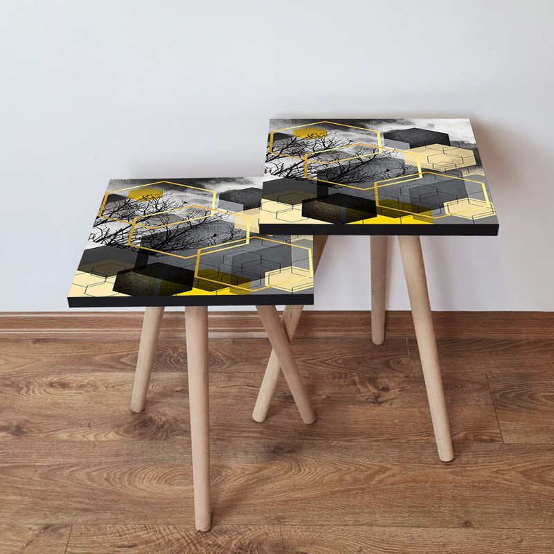 Stylish Nesting Tables (2 Pieces), Black & Gold/Beige & Grey, 13.8 x 18.5 x 13.8 in (Larger: 13.8 x 18.5 x 13.8 in, Smaller: 13.8 x 16.5 x 13.8 in) | 100% MDF with Beech Wood Legs | Abstract Geometric Design, Perfect for Modern Living Spaces